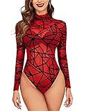 NCAKXLR Langarm-Bodysuit Für Frauen Rollkragen-Bodysuit Aus Transparentem Mesh Geo-Print-Trikots (rot,XL)