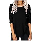 Damen Langarmshirt Pullover T-Shirt,V-Ausschnitt Bluse Tunika Langarmshirts Reißverschluss Langshirt,Langarm Hemd Tops mit Button Shirt,Casual Lose Einfarbig Elegant OberteileA02,Schwarz,S