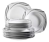 Mäser 920673 Serie Oslo, 12-teiliges Teller-Set für 6 Personen aus Porzellan, Tafelservice klassisch, zeitlos, elegant, schwarz-weiß