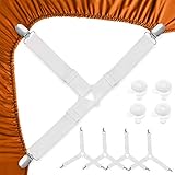 LATTCURE 4 Stück Bettlakenspanner, Dreieck Bettlakenclips Verstellbar Bed Sheet Gurthalteband Bettlakenspanner Tischtuchspanner Elastisch Bettlakenclips mit 4 X Bettdeckenhalter Bettdecken Clips, Weiß