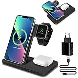 PDKUAI 3 in 1 Kabelloses Ladegerät, 15W Fast Wireless Charger Kompatibel mit iPhone 13/12/11 Pro Max/XS/XR/X/8+, Induktive Ladestation mit AC-Adapter für Apple iWatch 7/6/SE/5/4/3,Earbuds 3/2/