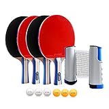 JOYJ Tischtennisschläger Set - 4 Tischtennisschläger+Ausziehbare Tischtennisnetz+6 Ping-Pong Bälle, Tischtennisset Spiel Für Anfänger (Netz aus Blau und Gelb)