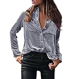 MRULIC Damen Pullover Langarmshirt Knopftasche Freizeithemd Top Samt Wintermode Freizeit Bluse Tops Basic Oberteile FrüHling Langarm Shirts(Silber,S)