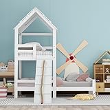 Hausbett mit Spielturm Spiel- Vielseitiges Kiefernholz Kinderbett Spielbett für Jungen & Mädchen - Massivholz Kinder Bett mit Rausfallschutz und Lattenrost - 95x208, Weiß