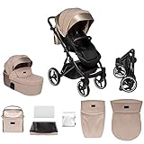 skiddoü 2in1 Oslo Buggy und Babywanne multifunktional Kinderwagen, klappbares Gestell, regulierbar, stoßgedämpfte Räder Moskitonetz Fußschutz Regenschutzfolie Tasche beig