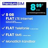 Handyvertrag PremiumSIM LTE All 8 GB - monatlich kündbar (Flat Internet 8 GB LTE mit max. 50 MBit/s mit deaktivierbarer Datenautomatik, Flat Telefonie, Flat SMS und EU-Ausland, 8,99 Euro/Monat)