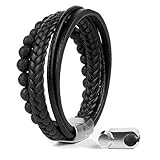 Akitsune Bellum Synthetisches Perlen Lederarmband | Magnetverschluss aus Edelstahl - Geflochtenes Männer Herren Armband inkl. schöner Schmuckschachtel - Silber-Schwarz - 21