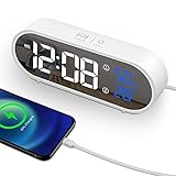 Wecker Digital, omitium Digitaler Wecker Sprachsteuerung Funktion 40 Weckerlieder 5 Helligkeit wecker, LED Tragbarer Spiegel Wecker USB Wiederaufladbar mit Snooze,12/24 Stunden, Temperatur Anzeig