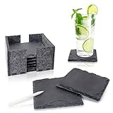 Amazy Schiefer Untersetzer Set (8 Stück) inkl. Kreidestift – Dekorative Glasuntersetzer aus 100% Natur Schieferplatten mit praktischem Halter aus Filz – Tolle Geschenkidee (eckig | 10x10 cm)