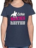 Pferde Geschenk und Reiten Zubehör - Echte Mädchen reiten - 152 (12/13 Jahre) - Dunkelblau Meliert - Kinder reitshirt - F131K - Mädchen Kinder T-S