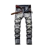BzywyP Ripping Jeans, Männer mit Men-Bein-Patch-Hosen,Retro Blue,32
