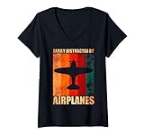 Damen Fliegen Retro Flugzeugliebhaber Flugzeug T-Shirt mit V