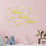 DIY Spiegel Home Sweet Home Wandaufkleber mit 12 Stücken 3D Schmetterling Aufkleber, VASZOLA Acryl Wand Buchstaben Abnehmbare Wandtattoo Herz Wand Decor für Hause Dekoration Abziehbild (Gold)