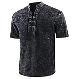 Herren Baumwolle Leinenhemd Hemd V-Ausschnit mit Korderzug Retro Langarm/Kurzarm Atmungsaktiv Bequem Sommerhemd Einfarbig Regular Fit Freizeithemd Shirts Sommer Draussen Atmungsaktiv Sonnenschutz Top