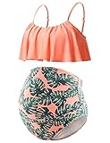 DEBELLY Umstands-Bikini-Set Zweiteiliger Badeanzug Rüschen Frauen Badeanzüge Hohe Taille Vintage Schwangerschaft Bademode, Orange/Grün, M