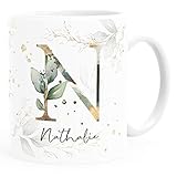 SpecialMe® Kaffee-Tasse mit Buchstabe Monogramm personalisiert mit Wunschname Initiale Blätter-Motiv persönliche Geschenke weiß Keramik-T