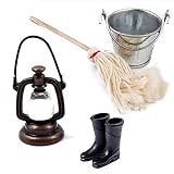 witgift Puppenhaus Zubehör Mini Vintage Öllampe Mop Eimer Set Rubber Rain Boots Mini Ornament Küche Haus Garten Möbel Dek