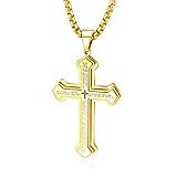 J.May Herren-Halskette mit Kreuz-Anhänger Herrenkette Männer Kette, Edelstahl Halskette Kubanischer Ketten Silber Gold 60 cm Biker Punk Rock Herren-Accessoires (Gold)