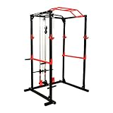 Fjoerdesports Power Rack Heimtrainer Schwerlast Gewichtstraining| Kniebeugenablage mit Klimmzugstange & Latzug | Heimtrainer für Krafttraining | Squat Power Cage| Kraftstation (Schwarz/Rot)