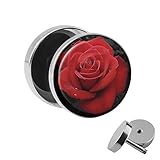 Treuheld | Ohrstecker zum Schrauben - rote Rose - Motiv Fake-Plug Ø 10mm Silber - Edel-Stahl Ohr-Ringe - Chirurgen-Stahl 316L Fake-Tunnel - Gewinde Blumen/Blüten Ohr-Stecker - R