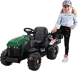 Actionbikes Motors Elektro Kindertraktor mit Anhänger - 2 x 12 Volt Motor - 12 Volt 7 Ah Batterie - 2,4 Ghz Fernbedienung - Traktor ab 3 Jahren (Grün/Schwarz)