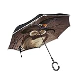 ISAOA Doppelschichtiger Regenschirm, selbststehend, freistehend, freistehend, für Autos, Halloween, Vintage, Wald, Eule, Vogel, Winddicht, UV-Schutz, groß, gerader Reg