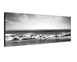 Augenblicke Wandbilder Keilrahmenbild Panoramabild SCHWARZ/Weiss 150x50cm Strand Meer Wellen Sonnenuntergang