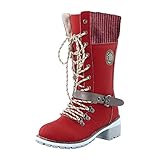 NYYY Damen Mode Quadratische Absätze Schnüren Runde Zehe Solide Stiefel Schuhe Damen Große Quadratische Ferse Einfarbig dekorative Schnallenriemen und Samtstiefelschuhe D