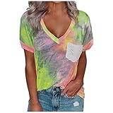 T-Shirt Damen V-Ausschnitt Hend, Tie-Dye Tops, Freizeit Sweatshirt, Lose komfortabel, Bright Bunt T-Shirt, Weich Atmungsak
