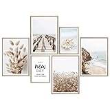 Premium Poster Set, Modern Bilder Deko Wanddeko, Bilder Wohnzimmer Schlafzimmer Bilder Deko, 6er Set Bilder Ohne Rahmen (Set Beige, Pampasgras, Meer, 4x A4 | 2x A5)