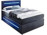 Wonello Boxspringbett 120x200 Montana mit LED Beleuchtung - gemütliches led Bett 120x200 cm schwarz mit Matratze und Topp