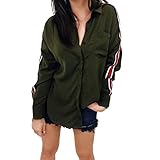 Shirt Langarmshirt Damen Bluse Xjp Frauen Mode Umlegekragen Einfarbig Gestreift Langarmshirt Mit Tasche Sexy Elegant Beiläufige Lang Oberteile Sweatshirt Hemd(S, Armeegrün)