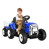 Elektrischer Traktor mit Anhänger, 12V 7Ah Elektro Traktor Kindergeschenk mit 35W Motoren Eva Reifen, 2.4G Fernbedienung, 2+1 Gangschaltung, Hupe, Bluetooth, USB, MP3, 7-LED Scheinwerfer-B