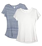 icyzone Damen 2-Pack Kurzarm Shirt Atmungsaktiv Oberteile Fitness Gym Top Casual T-Shirt (M, Placid Blue/White)