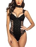 ADOME Body Dessous Damen Sexy V-Ausschnitt Lingerie Rückenfrei Reizwäsche Spitze Bodysuit, Schwarz, M