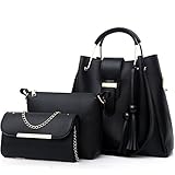 FiveloveTwo Damen 3Pcs PU Leder Tasche Set Handtasche + Schultertasche + Umhängetasche Henkeltaschen Rucksackhandtaschen Shopper Clutches Handbag Set Tote Tragetaschen Schw