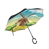 Malen Vintage Windmühle Reversion Invertierter Umgekehrter Regenschirm Langschirm UV-Schutz Umbrella Winddicht Schirme für Auto Jungen Mädchen F