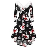Damen Weihnachtskleid 50er Jahre Vintage Langarm A-Linie Rockabilly Abendkleider Mit Faux-Plüsch V-Kragen Cocktailkleider Elegant Frauen Kleider Miss Santa Weihnachtsfrau Schulterfreies Party