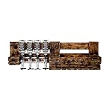 Holtaz Rustikales Wandregal mit 4 Getränkespendern Bar Zubehör Hausbar Flaschenhalter Wand Weinregal Alkohol Regal aus Palettenholz inkl. 4 Spender Flaschenwandhalterung 120x36x14