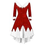 Damen Weihnachtskleid 50er Jahre Vintage Langarm A-Linie Rockabilly Abendkleider Mit Faux-Plüsch V-Kragen Cocktailkleider Elegant Frauen Kleider Miss Santa Weihnachtsfrau Schulterfreies Party