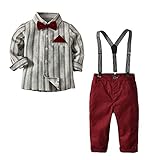 CARETOO Baby Jungen Anzug Bekleidungssets Baumwolle Mantel+Langarm Hemd+Hose+Hosenträger+Fliege Krawatte Gentleman Taufe Hochzeit für Herbst, Rot Ohne Schwarzen Mantel, Label 90 / 1-2 J