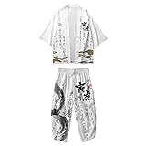 CHUIKUAJ Kimono Jacke Männer Japanische Haori Strickjacke Harem Hosenanzug/Cartoon Tiger Retro Print Freizeithose/Lose Plus Size Streetwear,White-XLarg