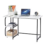 HOMOPIV Schreibtisch, Computertisch mit 2 Ablage, Bürotisch stabil, PC Tisch weißes Marmor Muster, Officetisch mit schwarzem Metallrahmen, Tisch für Home Office, Arbeitszimmer, W