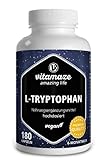 L-Tryptophan hochdosiert, vegan, 500 mg Pulver pro Kapsel, 180 Kapseln für 6 Monate, reine essentielle Aminosäure, natürlich fermentiert, Nahrungsergänzung ohne Zusatzstoffe, Made in Germany