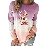 Masrin Trendige Oberteile Damen Pullover mit Weihnachtselch Motiv Vintage Farbverlauf Druck Pulli Herbst Sweatshirt Winter Basic Shirt Tunika mit Rundhalsausschnitt und Langen Ärmeln Lockere B