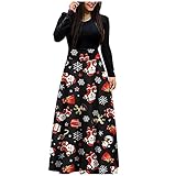 HolAngela Weihnachten Print Maxikleid Frauen Langarm Langes Maxikleid Damen Schneemann Print Casual D