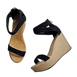 Keil-Sandalen für Damen, römisch, elegant, sexy Riemen, Plateauschuhe, schwarz, mit Reißverschluss, Peep-Toe-High-Heels, Schwarz , 33.5 EU