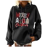 Damen Kapuzenpullover mit Merry Christmas Hoodie mit Weihnachtsbaum Muster Hoodies Kordelzug Pullover Casual Sweatshirt Langarm Tops mit Kängurutasche Fashion Streetstyle Kapuzenjacke Lose Sweatjack