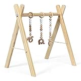 RELAX4LIFE Spieltrapez aus natürlichem Holz, für Baby ab 3 Monaten, Spielbogen im nordischen Stil, Aktivitätscenter mit 3 Hängespielzeugen für die Gehirnentwicklung & körperliche Entwicklung (Natur)