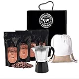 Weltkaffees in Geschenkbox - 4 x 200g in 100% natürlichen Bohnen + inkl. Kaffeemaschine mit 2 Aluminiumbechern + Naturjute-Rucksack - ideal zum Genießen und Verschenk